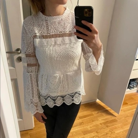 Boho scallop trim sheer guipure lace white top blouse - Picture 7 of 7